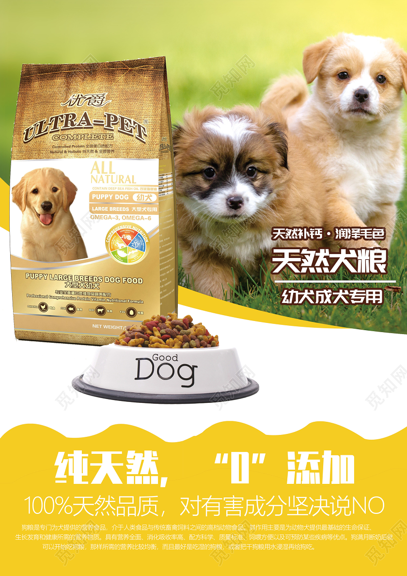 黄色卡通纯天然0添加天然犬粮宠物店狗粮海报