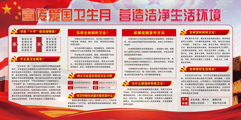 红色党建党政党课宣传全国爱国卫生月营造洁净生活环境宣传展板