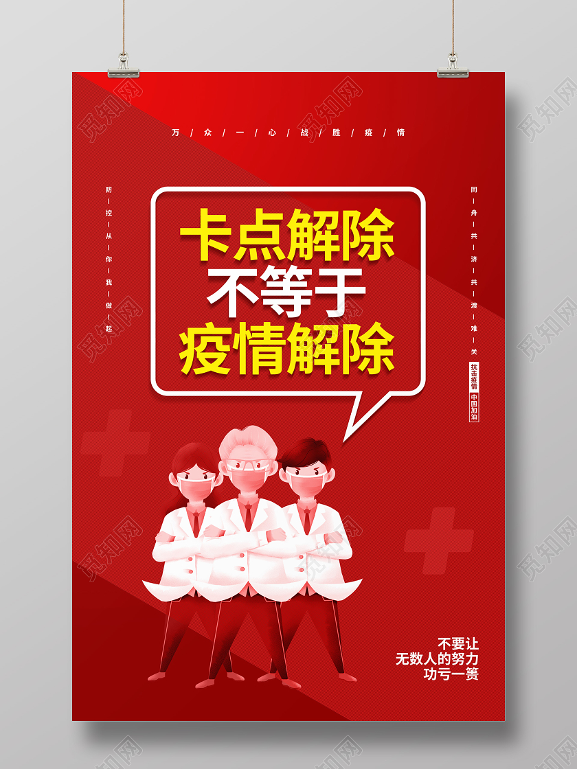 红色简约防控疫情卡点解除不等于疫情解除宣传海报设计