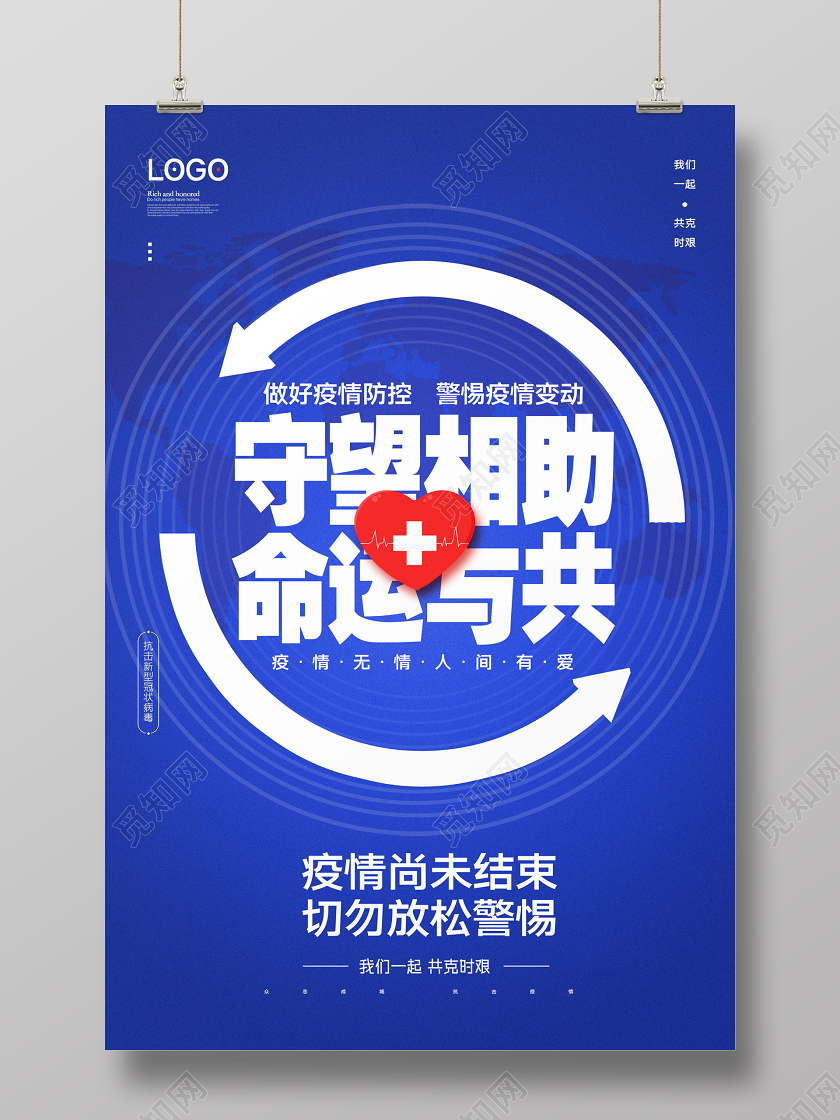 蓝色守望相助命运与共抗击新型冠状病毒疫情防控海报