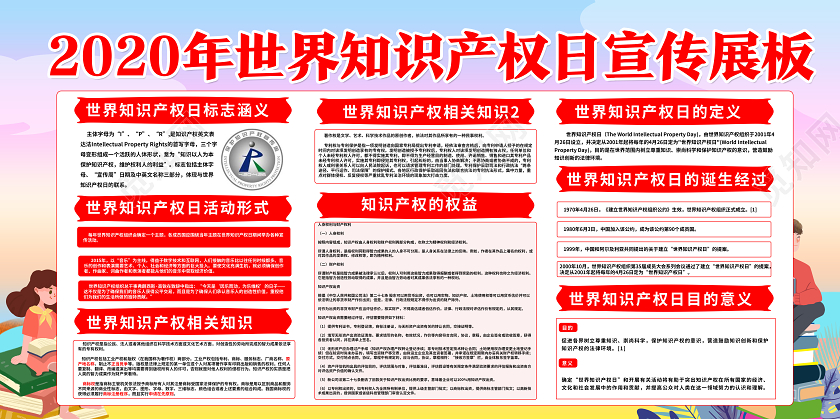 红色卡通世界知识产权日展板