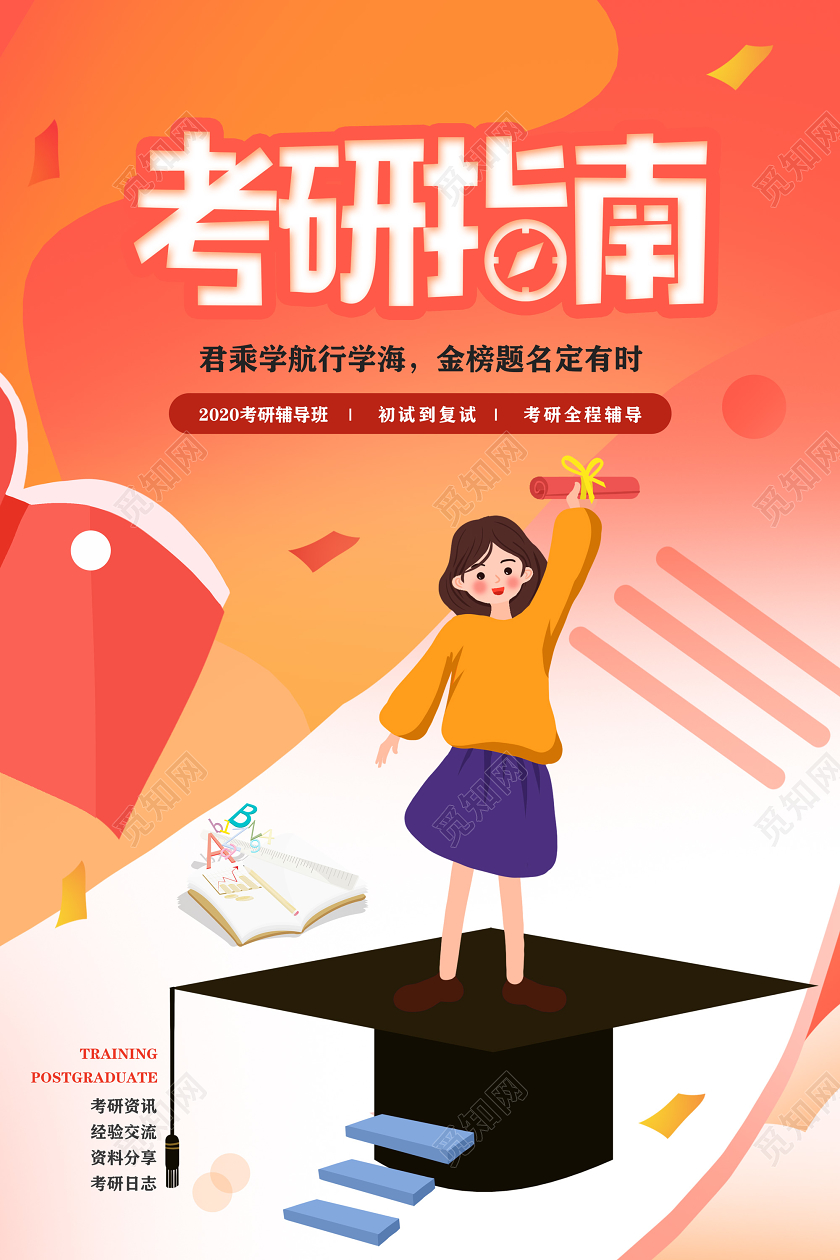 橘色卡通考研指南考研辅导班考研教育培训宣传海报