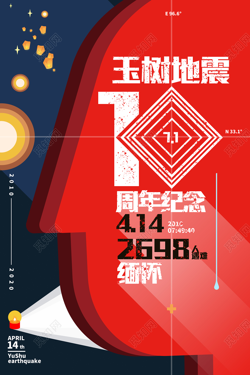红色大气玉树地震10周年祭缅怀遇难者宣传海报