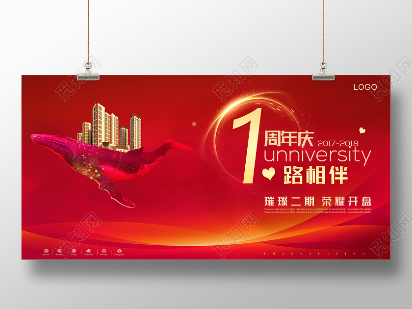 红色系简约1周年庆祝展板