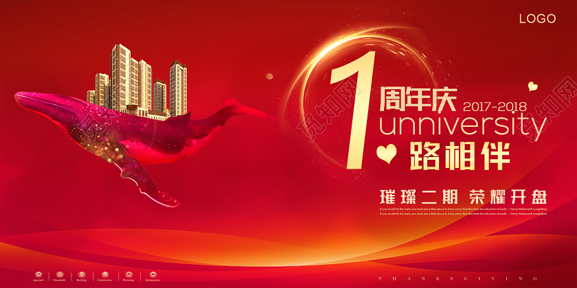 红色系简约1周年庆祝展板