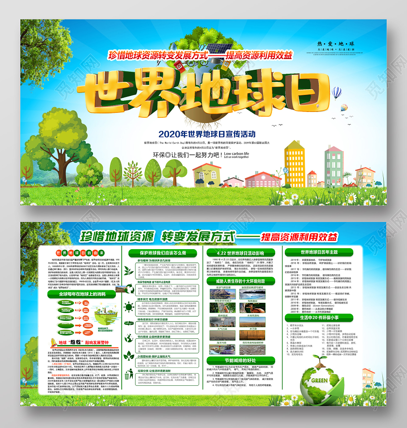 蓝色卡通世界地球日珍惜资源展板