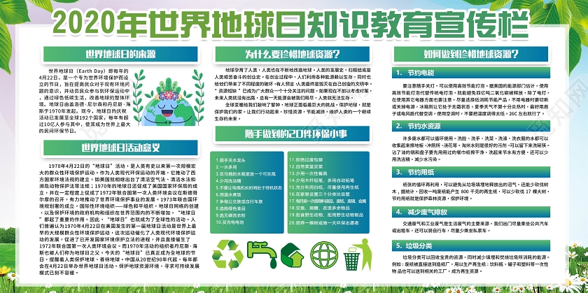 绿色4月22日世界地球日关爱家园环保展板