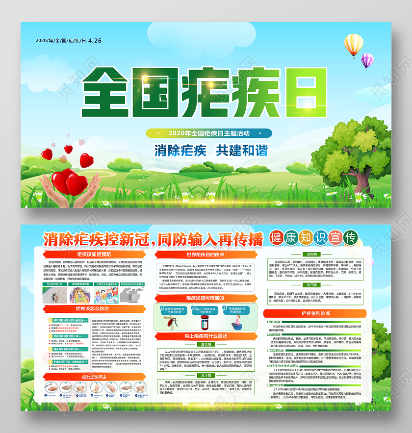 绿色卡通2020全国疟疾日展板