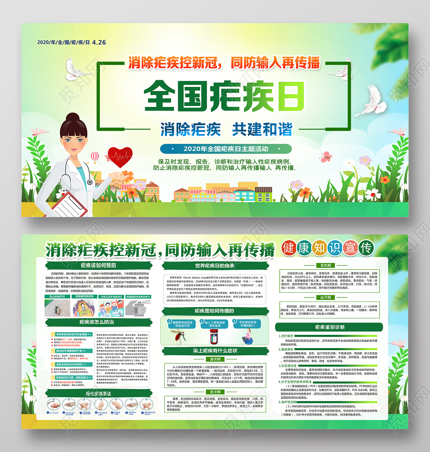绿色卡通全国疟疾日展板
