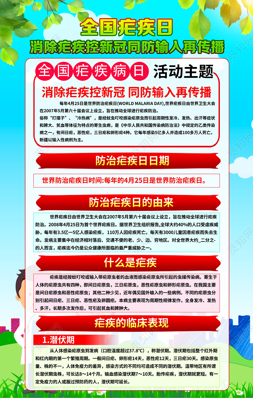 蓝色卡通2020全国疟疾日海报