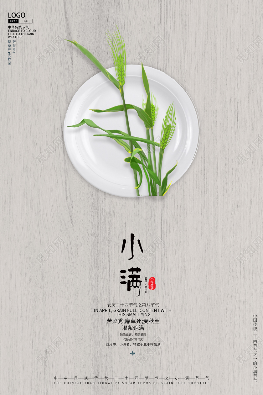 创意简洁风格中华传统二十四节气小满麦子盘子粮食食节气宣传海报