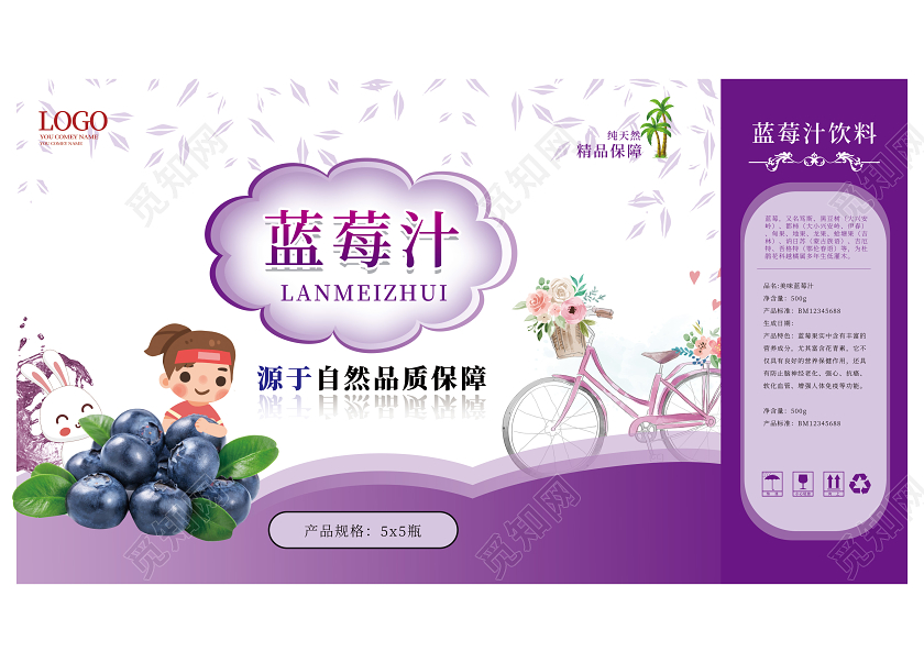 紫色卡通简洁大方蓝莓汁果汁礼盒包装设计蓝莓果汁