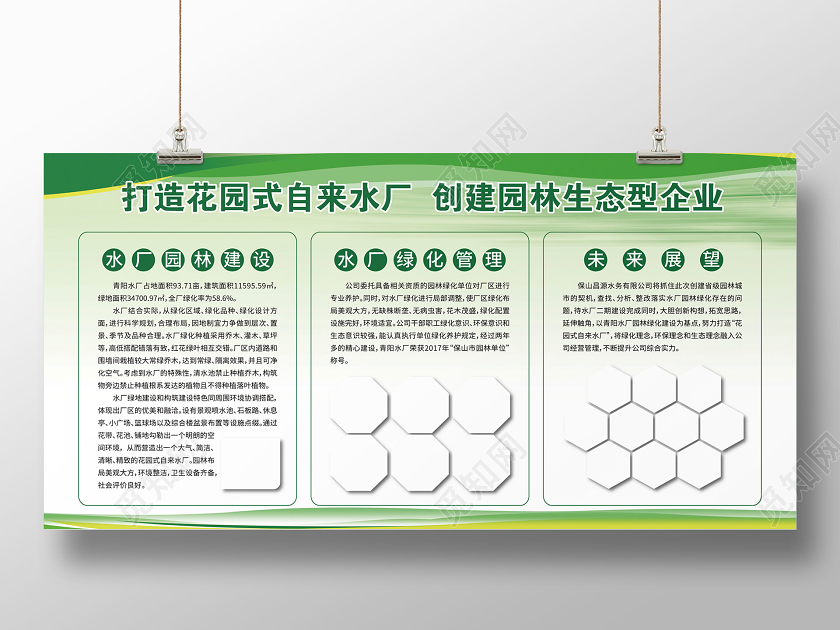 绿色卡通打造花园式自来水厂创建园林生态型企业展板环保农业展板