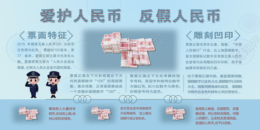 蓝色简约爱护人民币反假人民币银行宣传栏展板银行展板