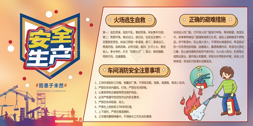 黄色卡通安全生产生产工厂车间展板