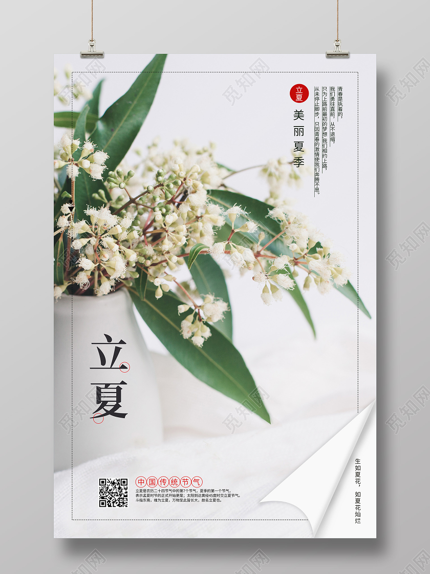 立夏传统节气小清新夏天插花花瓶海报