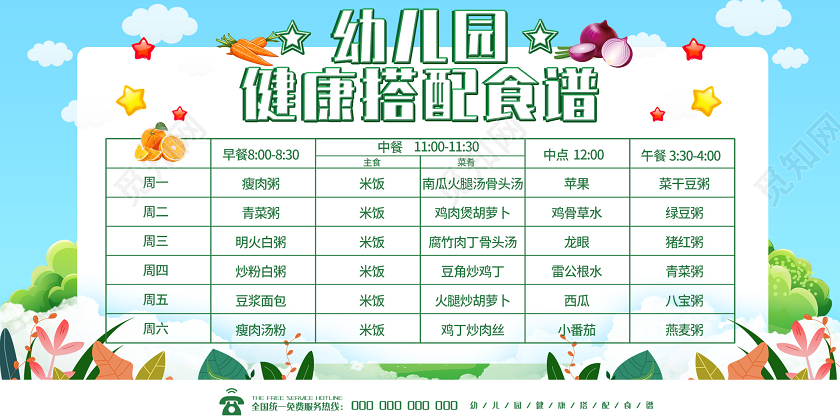 蓝色插画可爱幼儿园健康搭配食谱展板学校教育幼儿园食谱展板