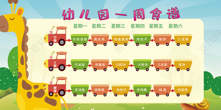 蓝色卡通学校幼儿园一周食谱展板学校教育幼儿园食谱展板