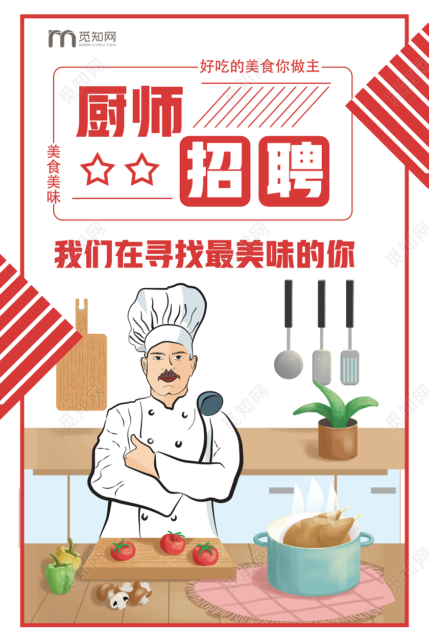 红色卡通厨师招聘厨师海报