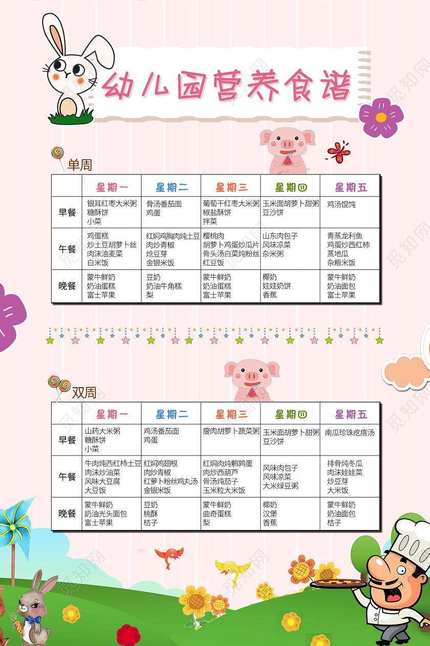 粉色卡通风学校幼儿园营养食谱学校教育幼儿园食谱展板