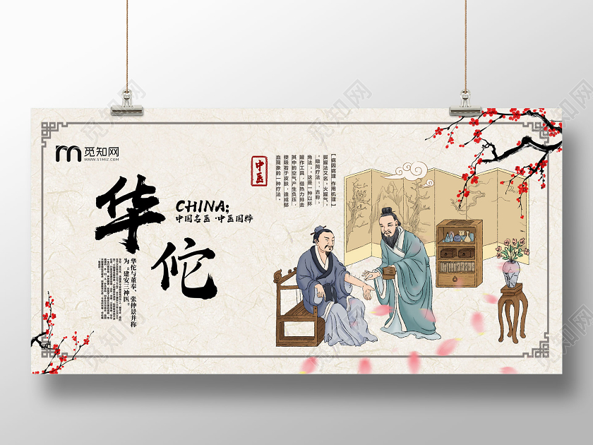 黄色复古手绘医学名人华佗中医文化名人展板