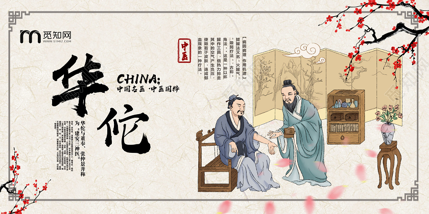 黄色复古手绘医学名人华佗中医文化名人展板