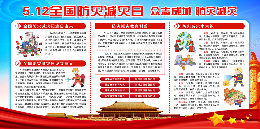蓝色党建党政党课全国防灾减灾日512防灾减众志成城宣传展板全国防灾减灾日512防灾减灾