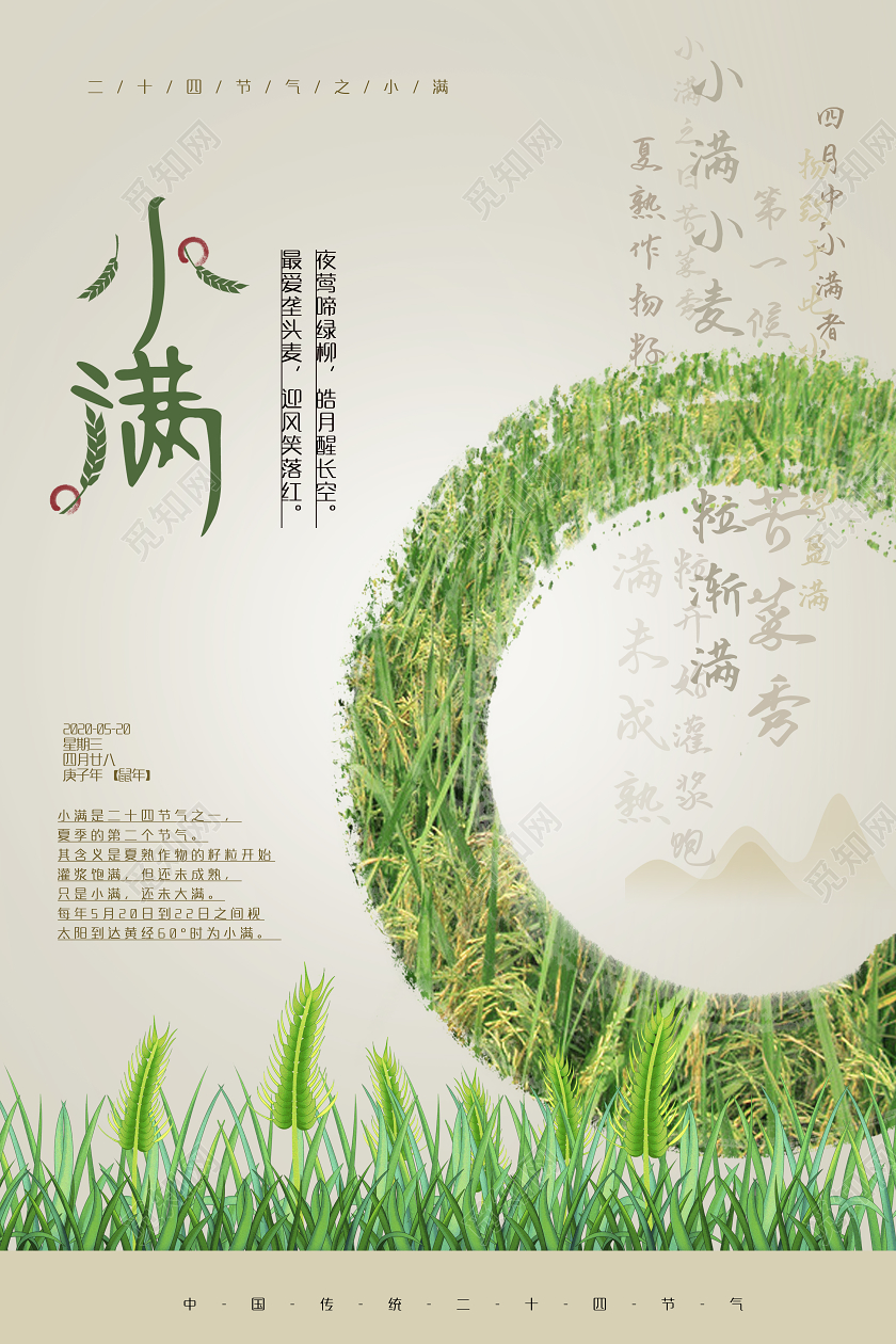 绿色中国风创意小满海报二十四节气小满海报