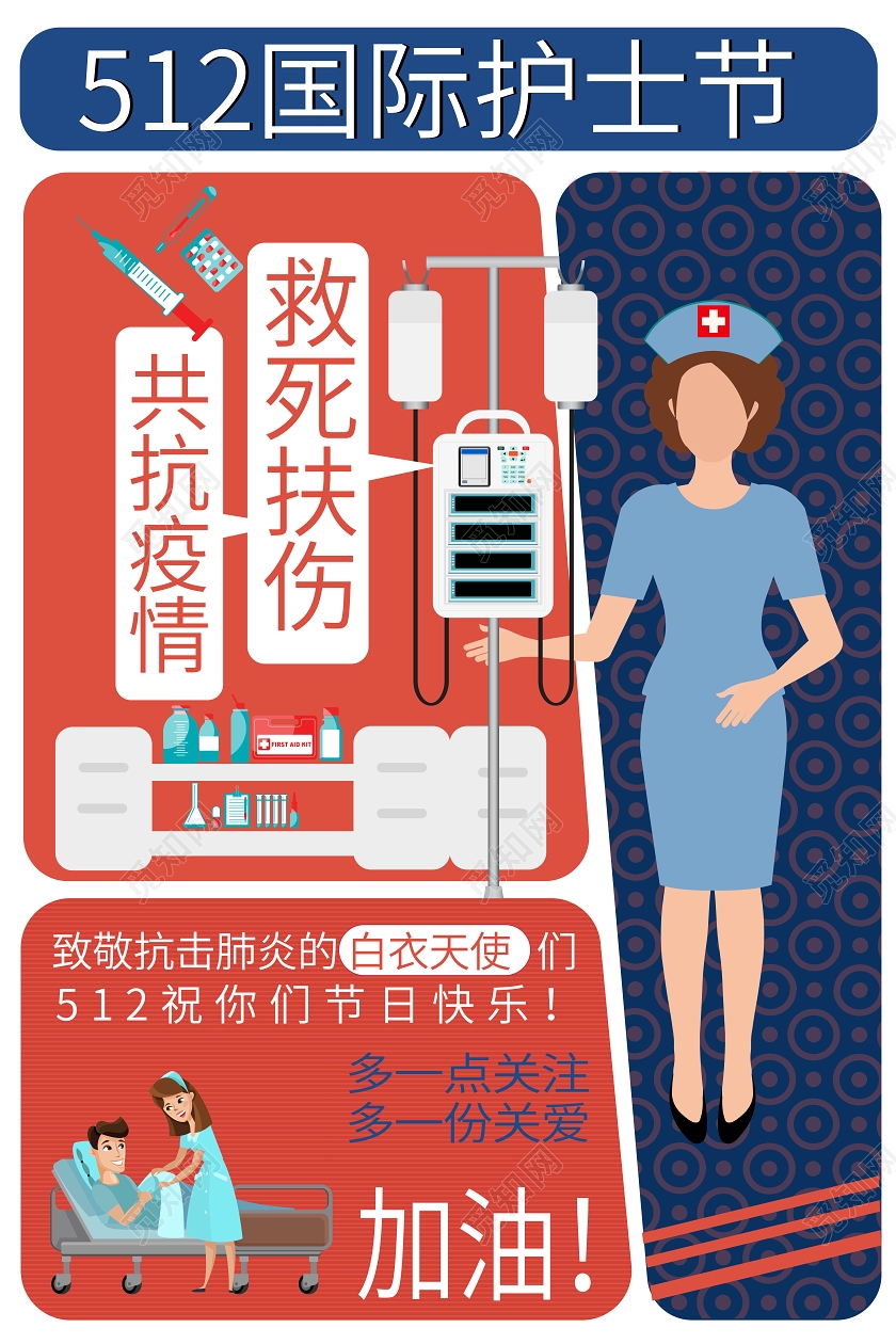红色简洁大气扁平化卡通512国家护士节矢量海报护士节抗疫系列海报