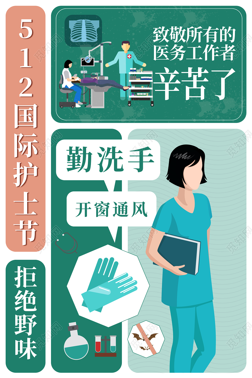 绿色扁平化卡通512国际护士节矢量海报护士节抗疫系列海报