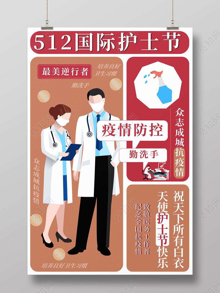红色大气扁平化卡通风格512国际护士节海报设计护士节抗疫系列海报
