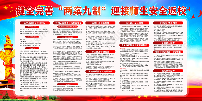 红色党建健全完善两案九制迎接师生安全返校学校开学复学展板