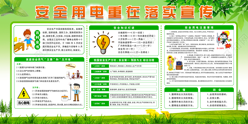 清新绿色卡通用电安全重在落实宣传展板