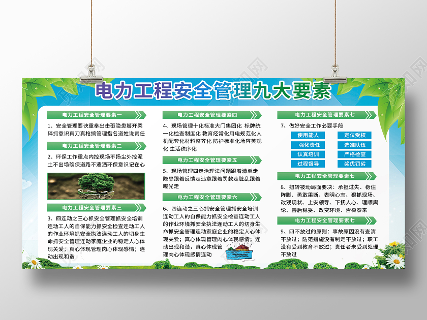 蓝色清新电力工程安全管理九大要素电力安全宣传展板
