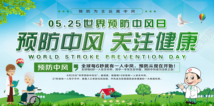 简单新清蓝色世界预防中风日关注健康宣传展板
