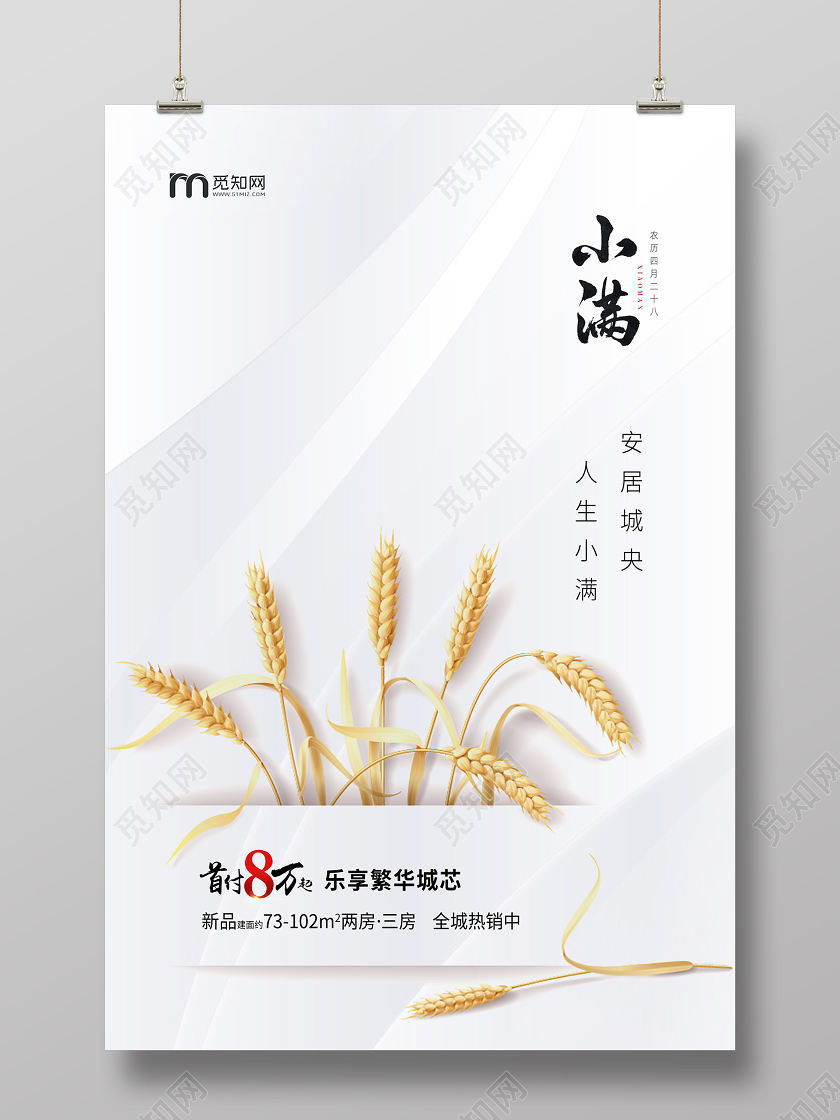银色简约小满节气二十四节气房地产海报