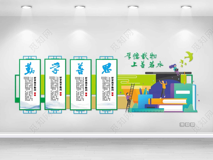 绿色卡通风厚德载物上善若水学校教育书香校园文化墙