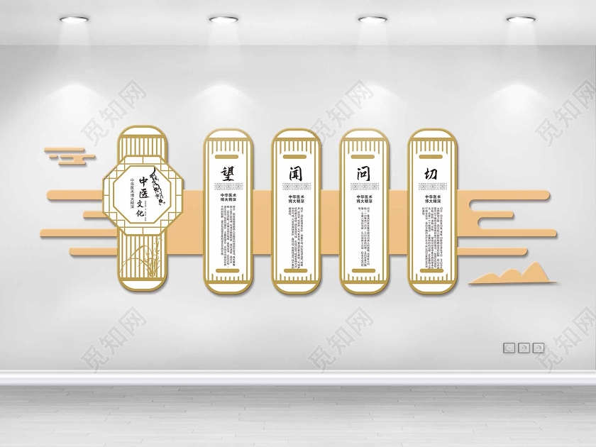 金色简洁大气中国风中医文化望闻问切宣传文化墙设计中医文化墙