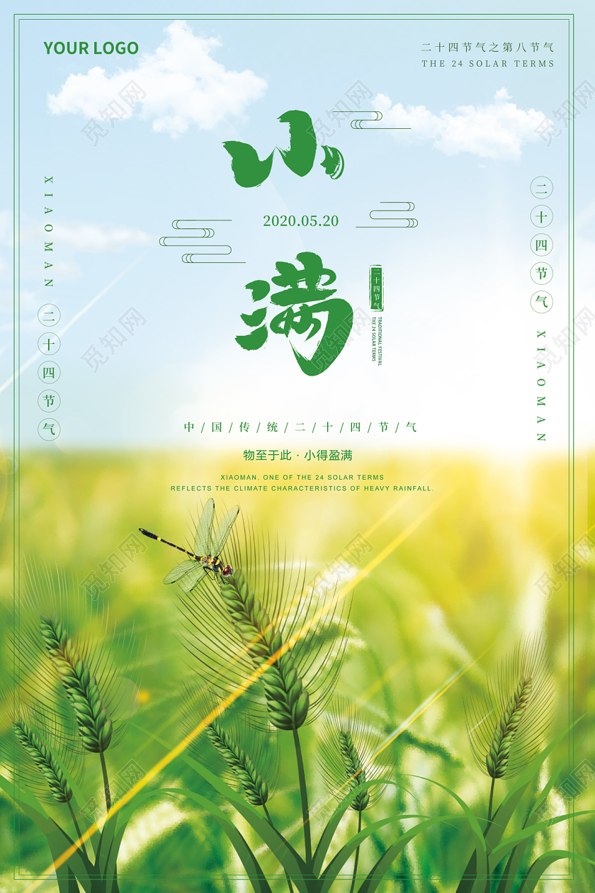 简约清新绿色麦田中国传统二十四节气小满海报