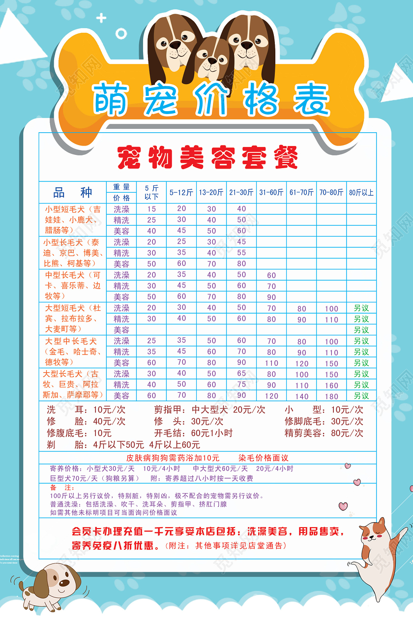 可爱蓝色清新手绘宠物美容萌宠价格表宠物美容套餐开业促销海报