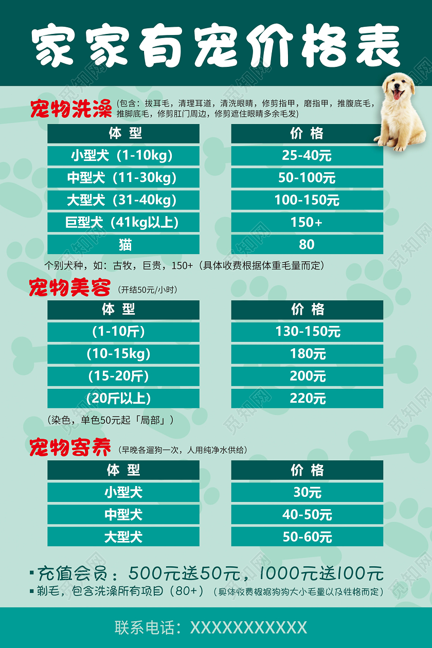 家家有宠宠物美容价格表开业促销海报