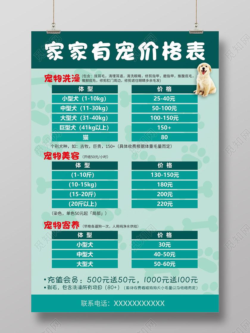 家家有宠宠物美容价格表开业促销海报