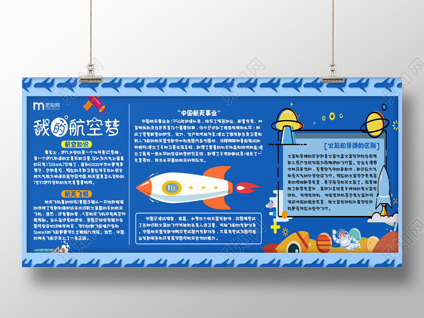 蓝色简约卡通航天航空知识航空展板
