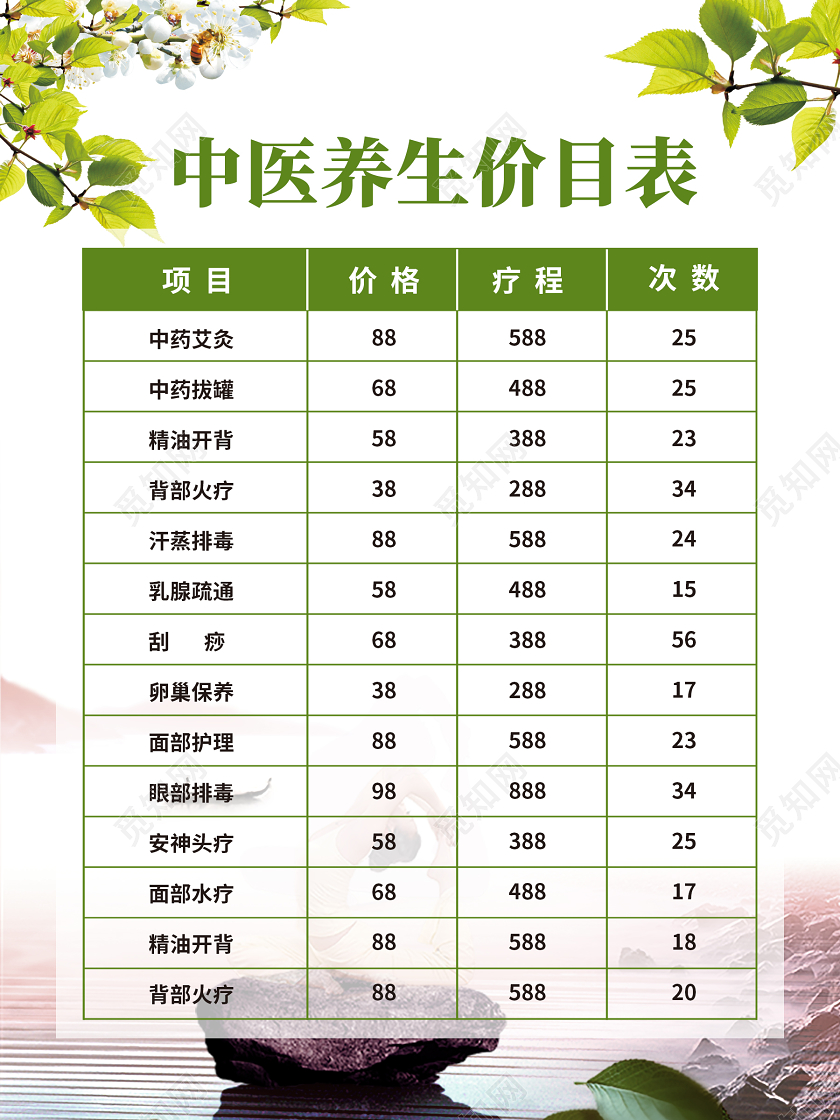 绿色清新简约中医美容价目表