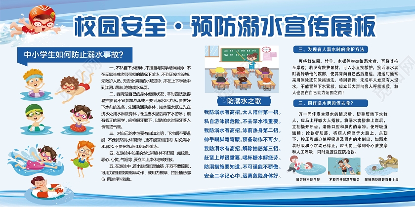 蓝色简约校园安全预防溺水宣传展板防溺水展板