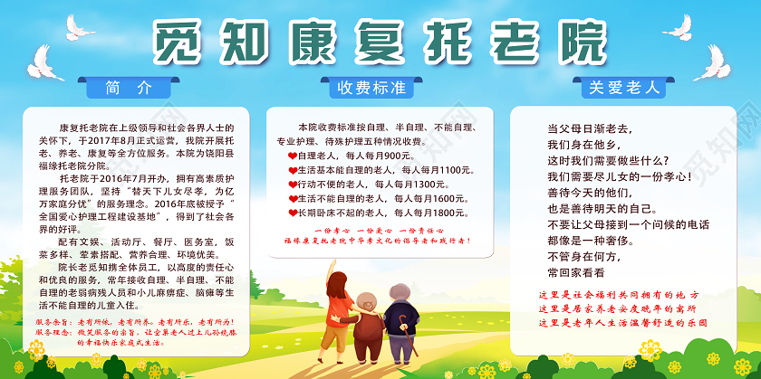 蓝色卡通康复托老院养老展板
