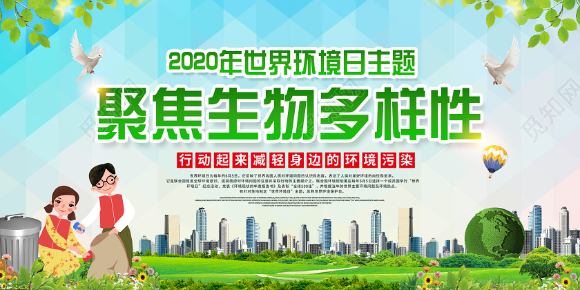 蓝色卡通2020年世界环境日主题聚焦生物多样性展板