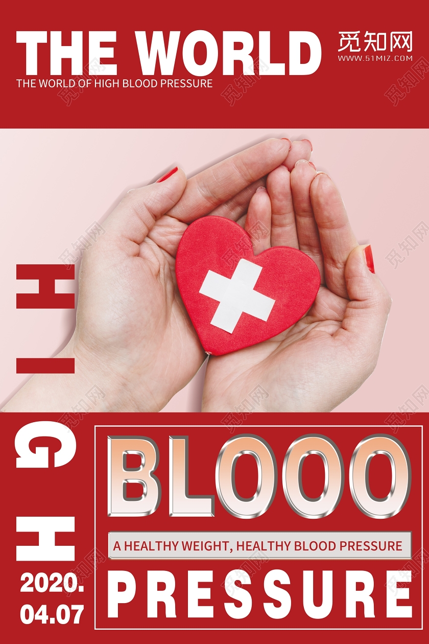 红色英文世界高血压日手捧爱心健康教育宣传海报