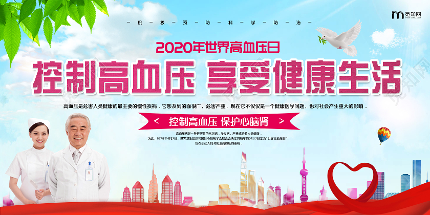 蓝色大气蓝天白云享受健康生活全国高血压日宣传展板世界高血压日