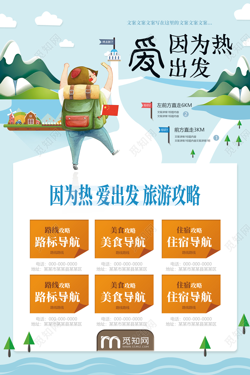 蓝色卡通因为热爱出发旅游攻略海报